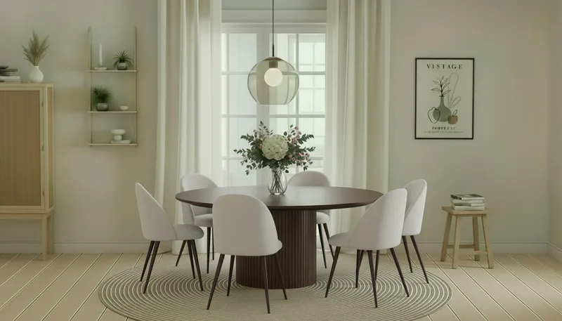 Kopparbo Rundt Spisebord 180 cm med 6 Nibe Plus Spisestoler - Valnøtt / Hvit Boucl é / Metallben Valnøtt - Møbler - Bord - Spisegrupper