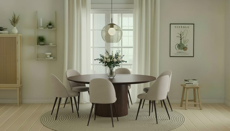 Kopparbo Rundt Spisebord 180 cm med 6 Nibe Plus Spisestoler - Valnøtt / Greige Bouclé / Metallben Valnøtt - Møbler - Bord - Spisegrupper