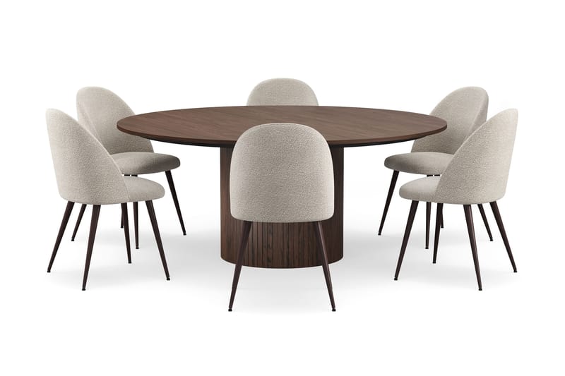Kopparbo Rundt Spisebord 180 cm med 6 Nibe Plus Spisestoler - Valnøtt / Greige Bouclé / Metallben Valnøtt - Møbler - Bord - Spisegrupper
