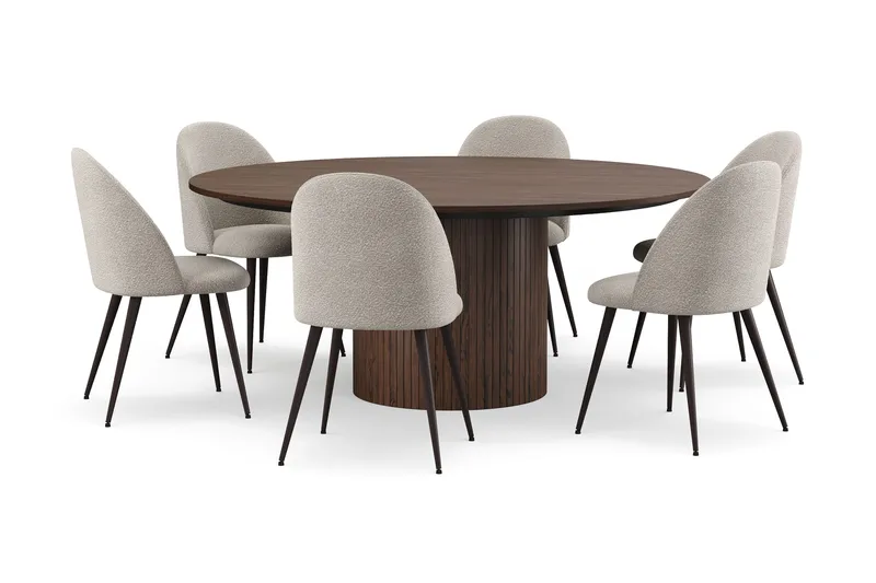 Kopparbo Rundt Spisebord 180 cm med 6 Nibe Plus Spisestoler, Valnøtt / Greige Bouclé / Metallben Valnøtt