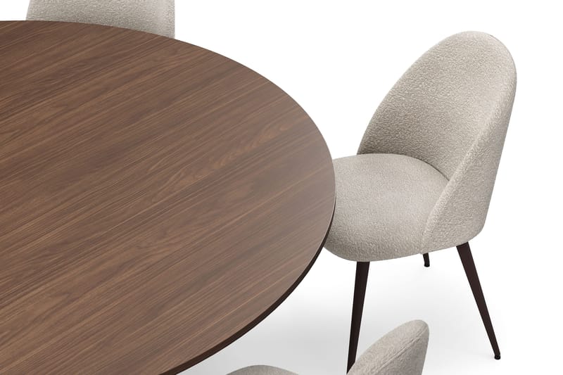 Kopparbo Rundt Spisebord 180 cm med 6 Nibe Plus Spisestoler - Valnøtt / Greige Bouclé / Metallben Valnøtt - Møbler - Bord - Spisegrupper