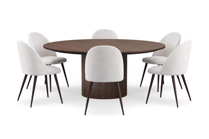 Kopparbo Rundt Spisebord 180 cm med 6 Nibe Plus Spisestoler - Valnøtt / Hvit Bouclé / Metallben Valnøtt - Møbler - Bord - Spisegrupper