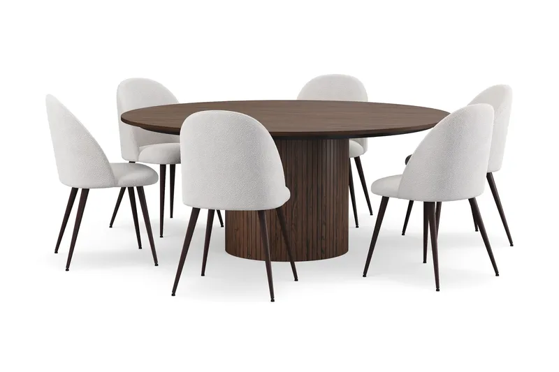 Kopparbo Rundt Spisebord 180 cm med 6 Nibe Plus Spisestoler, Valnøtt / Hvit Bouclé / Metallben Valnøtt