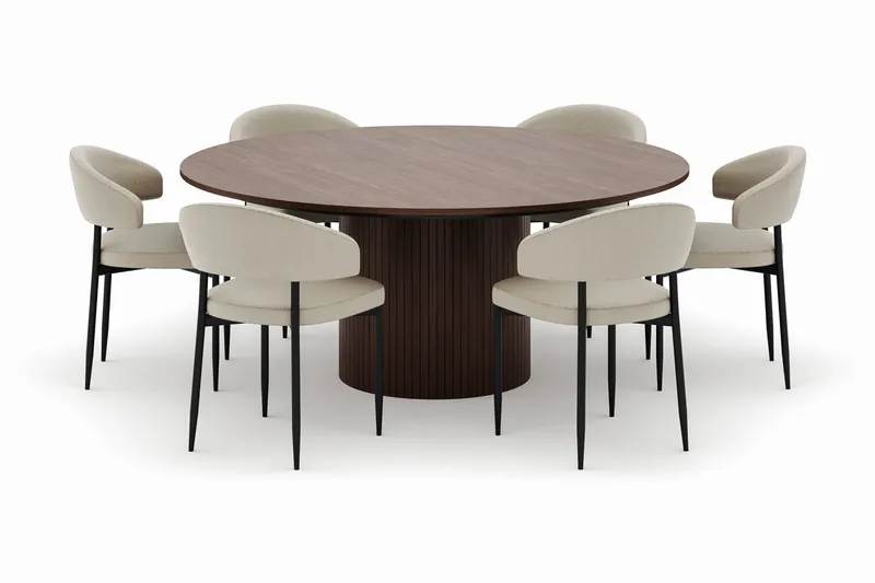 Kopparbo Rundt Spisebord 180 cm med 6 Sawako Stoler - Valnøtt - Møbler - Bord - Spisegrupper