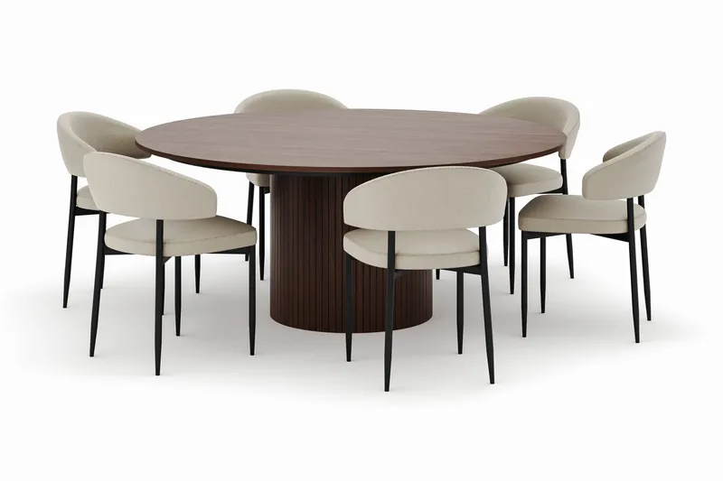 Kopparbo Rundt Spisebord 180 cm med 6 Sawako Stoler - Valnøtt - Møbler - Bord - Spisegrupper