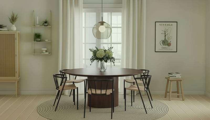 Kopparbo Rundt Spisebord 180 cm med 6 Winston Spisestoler - Valnøtt / Beige / Metallben Svart - Møbler - Bord - Spisegrupper