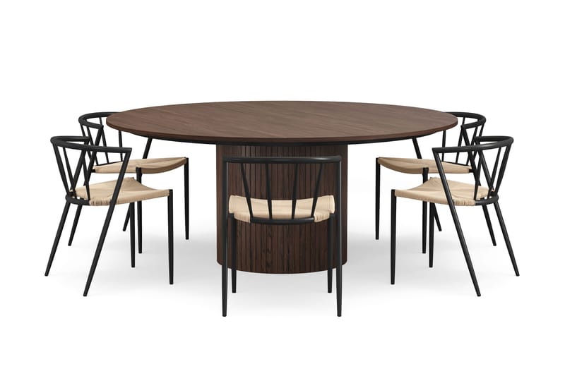 Kopparbo Rundt Spisebord 180 cm med 6 Winston Spisestoler - Valnøtt / Beige / Metallben Svart - Møbler - Bord - Spisegrupper