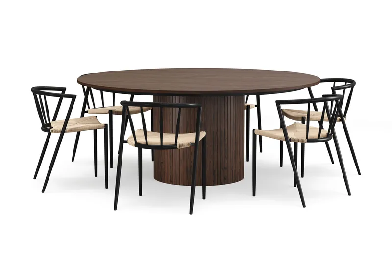 Kopparbo Rundt Spisebord 180 cm med 6 Winston Spisestoler, Valnøtt / Beige / Metallben Svart