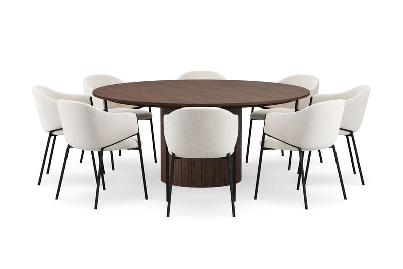 Kopparbo Rundt Spisebord 180 cm med 8 Filip Spisestoler - Valnøtt / Hvit Bouclé - Møbler - Bord - Spisegrupper
