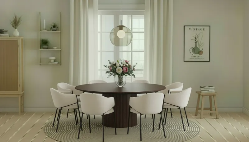 Kopparbo Rundt Spisebord 180 cm med 8 Filip Spisestoler - Valnøtt / Hvit Bouclé - Møbler - Bord - Spisegrupper