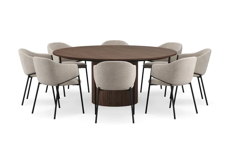 Kopparbo Rundt Spisebord 180 cm med 8 Filip Spisestoler - Valnøtt / Taupe Bouclé - Møbler - Bord - Spisegrupper