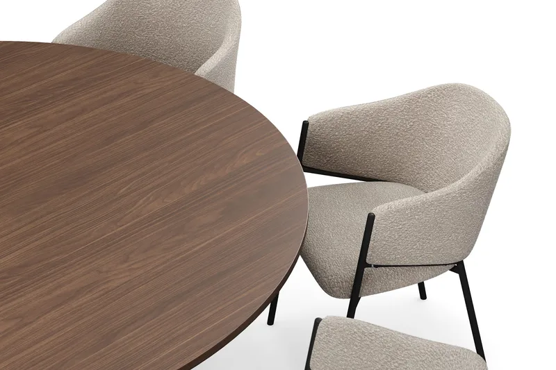 Kopparbo Rundt Spisebord 180 cm med 8 Filip Spisestoler - Valnøtt / Taupe Bouclé - Møbler - Bord - Spisegrupper