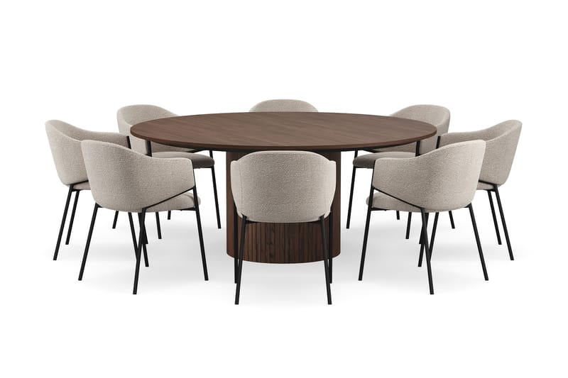Kopparbo Rundt Spisebord 180 cm med 8 Filip Spisestoler - Valnøtt / Taupe Bouclé - Møbler - Bord - Spisegrupper