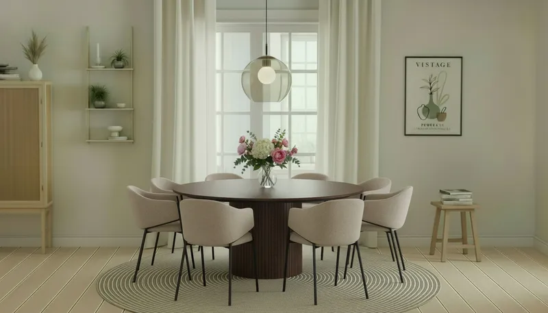 Kopparbo Rundt Spisebord 180 cm med 8 Filip Spisestoler - Valnøtt / Taupe Bouclé - Møbler - Bord - Spisegrupper