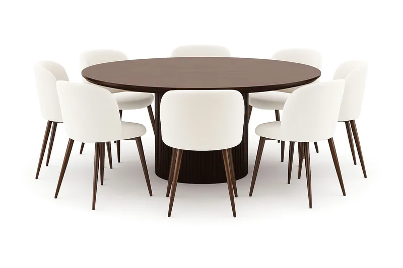 Kopparbo Rundt Spisebord 180 cm med 8 Greya Spisestoler med armlener, Valnøtt / Hvit Bouclé / Metallben Valnøtt