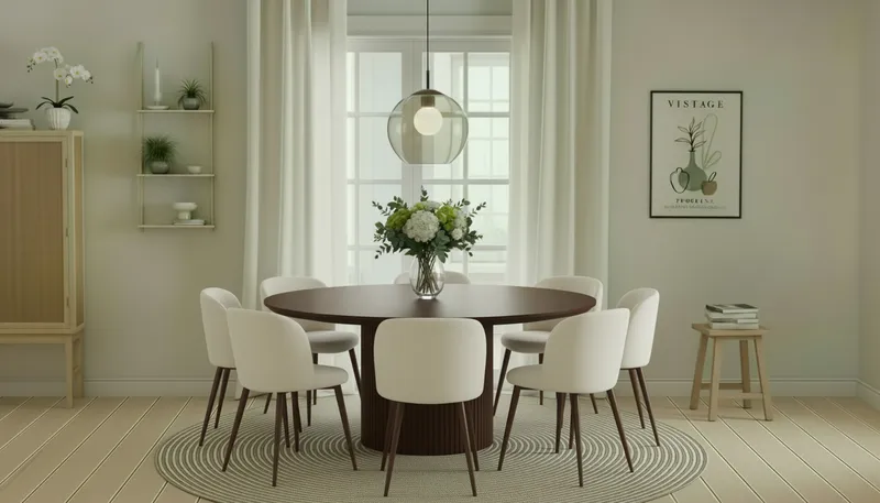 Kopparbo Rundt Spisebord 180 cm med 8 Greya Spisestoler med armlener - Valnøtt / Hvit Bouclé / Metallben Valnøtt - Møbler - Bord - Spisegrupper