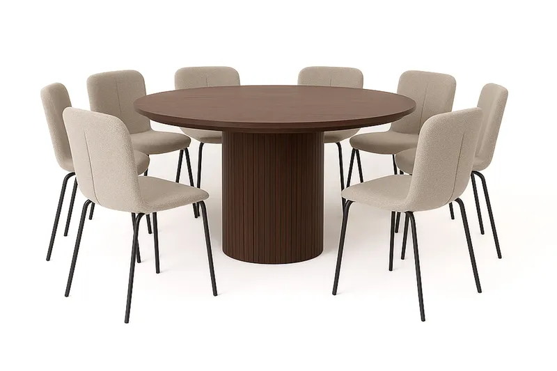 Kopparbo Rundt Spisebord 180 cm med 8 Katy Spisestoler, Valnøtt / Greige Bouclé / Metallben Svart