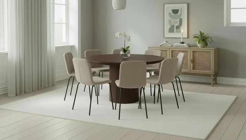 Kopparbo Rundt Spisebord 180 cm med 8 Katy Spisestoler - Valnøtt / Greige Bouclé / Metallben Svart - Møbler - Bord - Spisegrupper