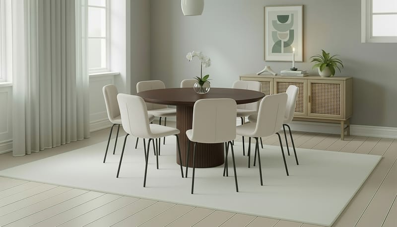 Kopparbo Rundt Spisebord 180 cm med 8 Katy Spisestoler - Valnøtt / Hvit Bouclé / Metallben Svart - Møbler - Bord - Spisegrupper