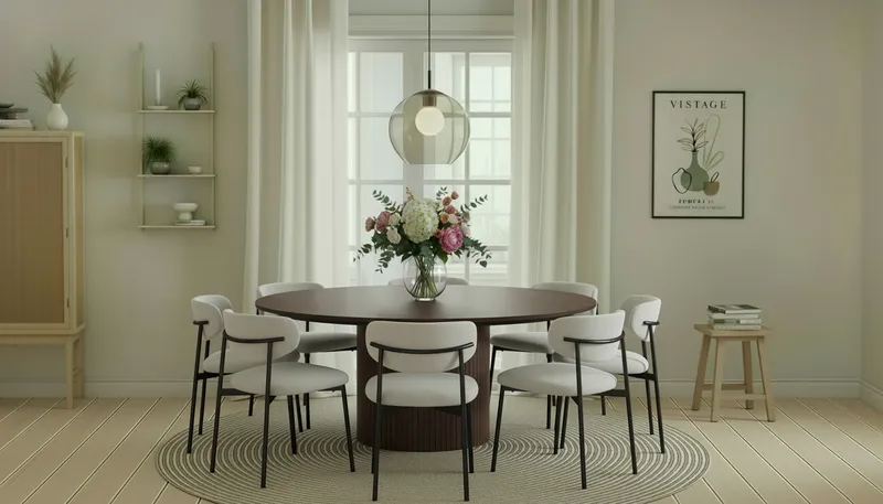 Kopparbo Rundt Spisebord 180 cm med 8 Lucy Spisestoler - Valnøtt / Greige Bouclé / Metallben Svart - Møbler - Bord - Spisegrupper