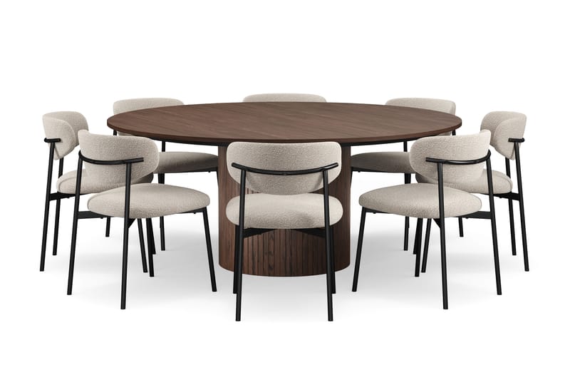 Kopparbo Rundt Spisebord 180 cm med 8 Lucy Spisestoler, Valnøtt / Hvit Bouclé / Metallben Svart