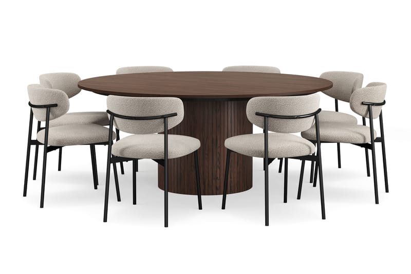 Kopparbo Rundt Spisebord 180 cm med 8 Lucy Spisestoler - Valnøtt / Hvit Bouclé / Metallben Svart - Møbler - Bord - Spisegrupper