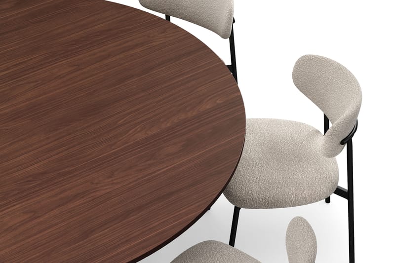 Kopparbo Rundt Spisebord 180 cm med 8 Lucy Spisestoler - Valnøtt / Hvit Bouclé / Metallben Svart - Møbler - Bord - Spisegrupper