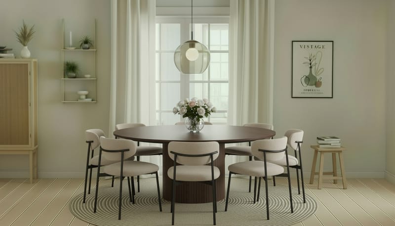 Kopparbo Rundt Spisebord 180 cm med 8 Lucy Spisestoler - Valnøtt / Hvit Bouclé / Metallben Svart - Møbler - Bord - Spisegrupper