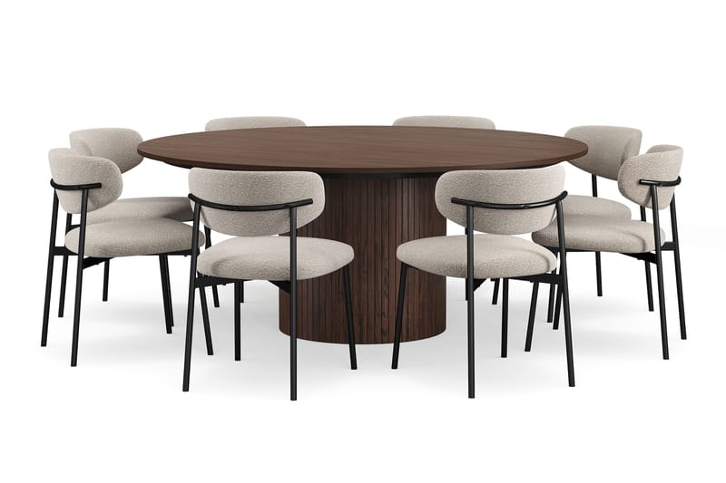 Kopparbo Rundt Spisebord 180 cm med 8 Lucy Spisestoler - Valnøtt / Hvit Bouclé / Metallben Svart - Møbler - Bord - Spisegrupper