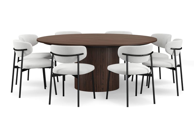 Kopparbo Rundt Spisebord 180 cm med 8 Lucy Spisestoler - Valnøtt / Hvit Bouclé / Metallben Svart - Møbler - Bord - Spisegrupper