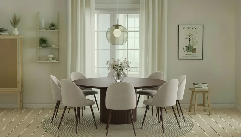 Kopparbo Rundt Spisebord 180 cm med 8 Nibe Plus Spisestoler - Valnøtt / Greige Bouclé / Metallben Valnøtt - Møbler - Bord - Spisegrupper