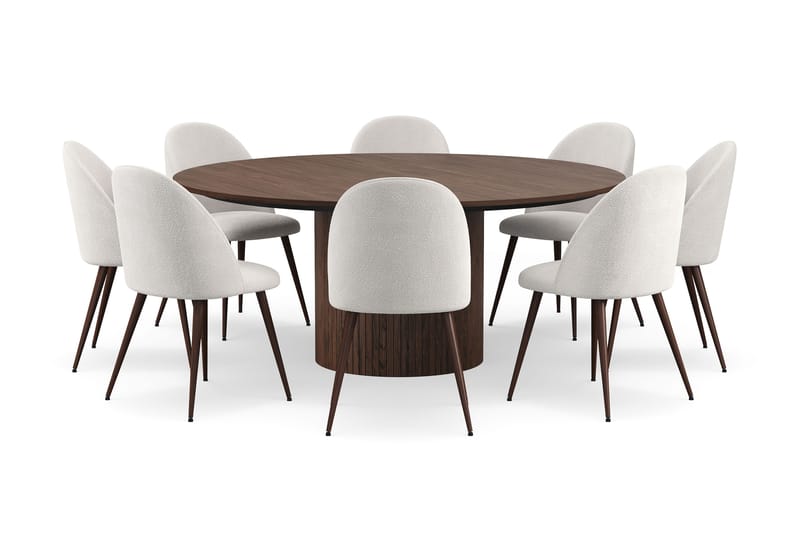 Kopparbo Rundt Spisebord 180 cm med 8 Nibe Plus Spisestoler - Valnøtt / Hvit Bouclé / Metallben Valnøtt - Møbler - Bord - Spisegrupper