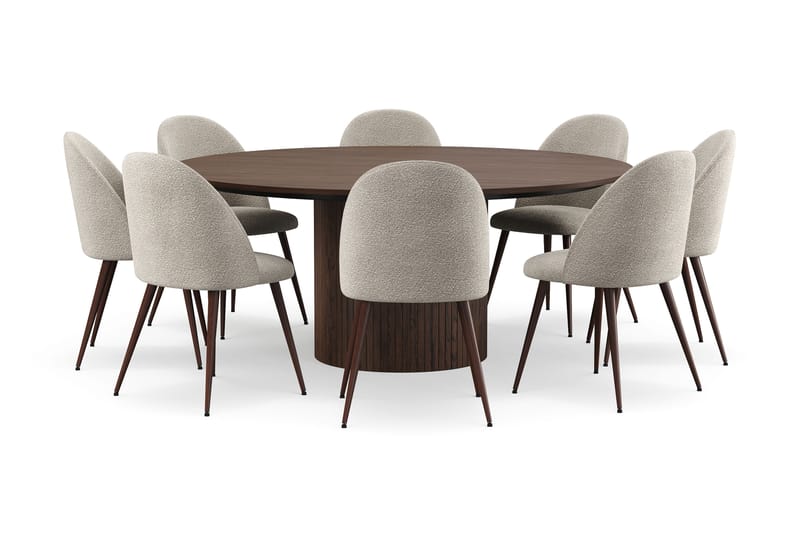 Kopparbo Rundt Spisebord 180 cm med 8 Nibe Plus Spisestoler, Valnøtt / Greige Bouclé / Metallben Valnøtt