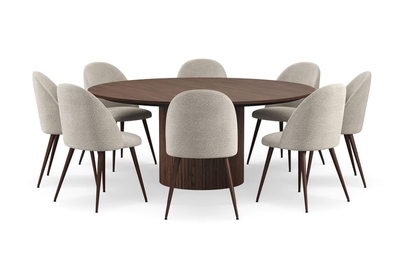 Kopparbo Rundt Spisebord 180 cm med 8 Nibe Plus Spisestoler - Valnøtt / Greige Bouclé / Metallben Valnøtt - Møbler - Bord - Spisegrupper