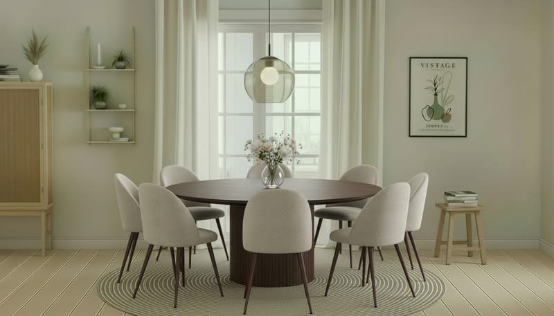 Kopparbo Rundt Spisebord 180 cm med 8 Nibe Plus Spisestoler - Valnøtt / Greige Bouclé / Metallben Valnøtt - Møbler - Bord - Spisegrupper