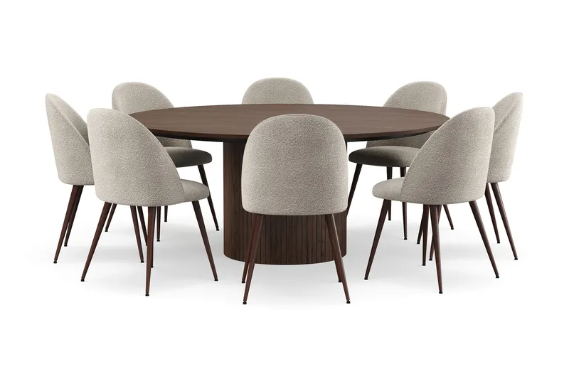 Kopparbo Rundt Spisebord 180 cm med 8 Nibe Plus Spisestoler, Valnøtt / Greige Bouclé / Metallben Valnøtt