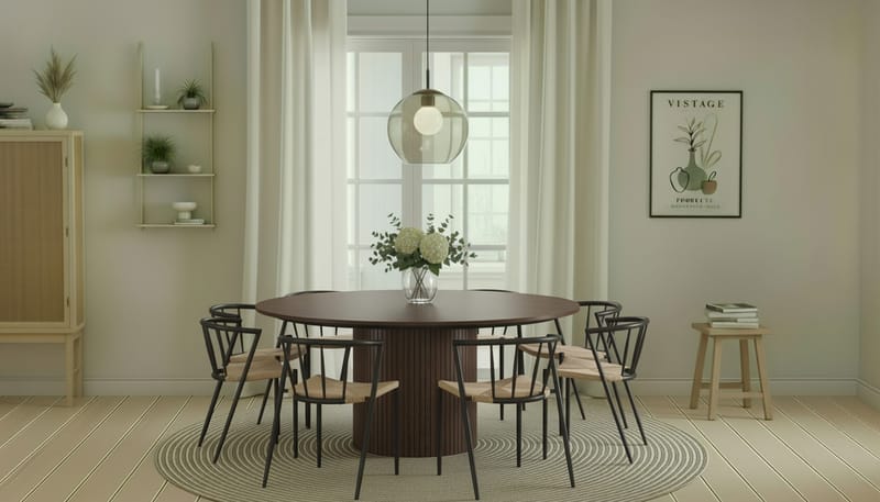 Kopparbo Rundt Spisebord 180 cm med 8 Winston Spisestoler - Valnøtt / Beige / Metallben Svart - Møbler - Bord - Spisegrupper