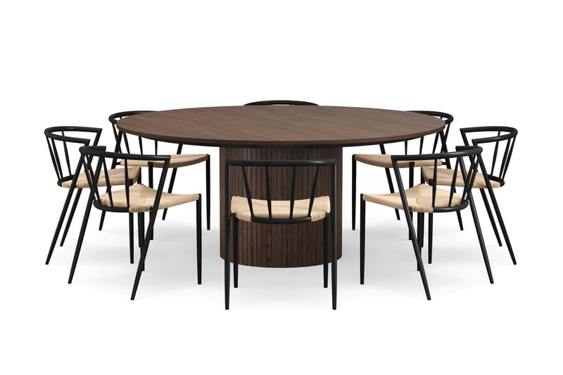 Kopparbo Rundt Spisebord 180 cm med 8 Winston Spisestoler - Valnøtt / Beige / Metallben Svart - Møbler - Bord - Spisegrupper