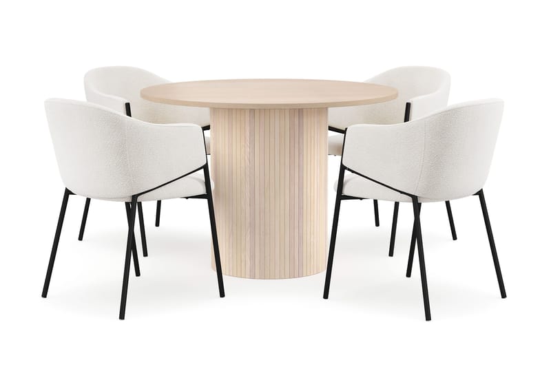 Kopparbo Spisebord 106 cm med 4 Filip Spisestoler, Hvit / Hvit Bouclé