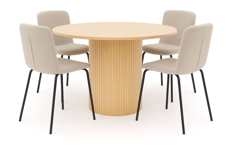 Kopparbo Spisebord 106 cm med 4 Katy Spisestoler, Hvit / Greige Bouclé / Metallben Svart