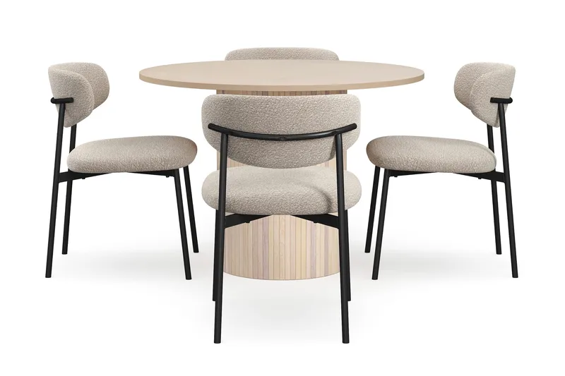 Kopparbo Spisebord 106 cm med 4 Lucy Spisestoler - Hvit / Greige Bouclé / Metallben Svart - Møbler - Bord - Spisegrupper