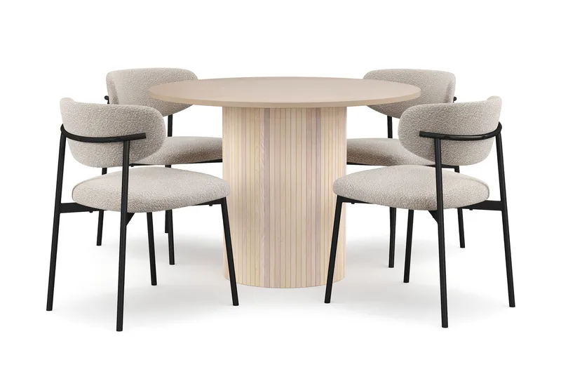 Kopparbo Spisebord 106 cm med 4 Lucy Spisestoler, Hvit / Greige Bouclé / Metallben Svart