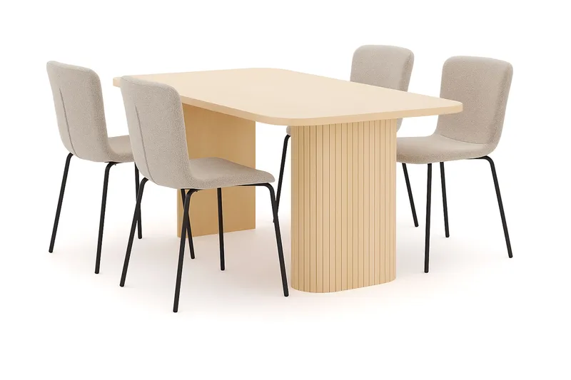 Kopparbo Spisebord 160 cm med 4 Katy Spisestoler, Hvit / Greige Bouclé / Metallben Svart