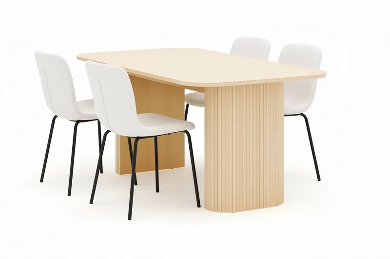 Kopparbo Spisebord 160 cm med 4 Katy Spisestoler, Hvit / Hvit Bouclé / Metallben Svart