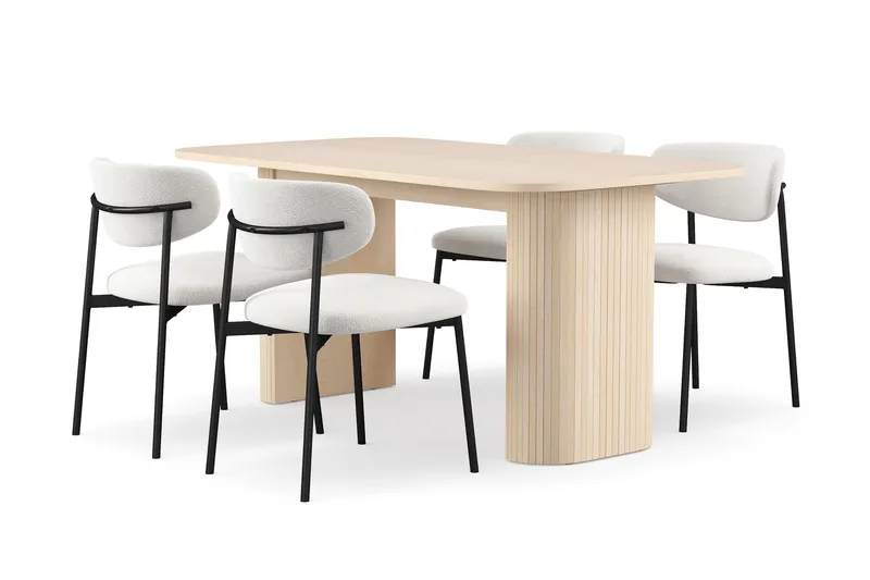 Kopparbo Spisebord 160 cm med 4 Lucy Spisestoler, Hvit / Hvit Bouclé / Metallben Svart