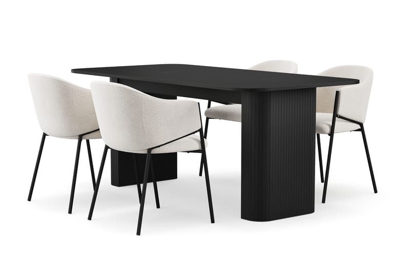 Kopparbo Spisebord 180-240 cm Uttrekkbart med 4 Filip Spisestoler, Svart / Hvit Bouclé