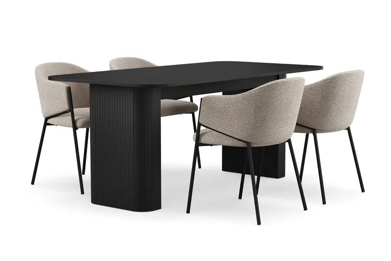 Kopparbo Spisebord 180-240 cm Uttrekkbart med 4 Filip Spisestoler, Svart / Taupe Bouclé