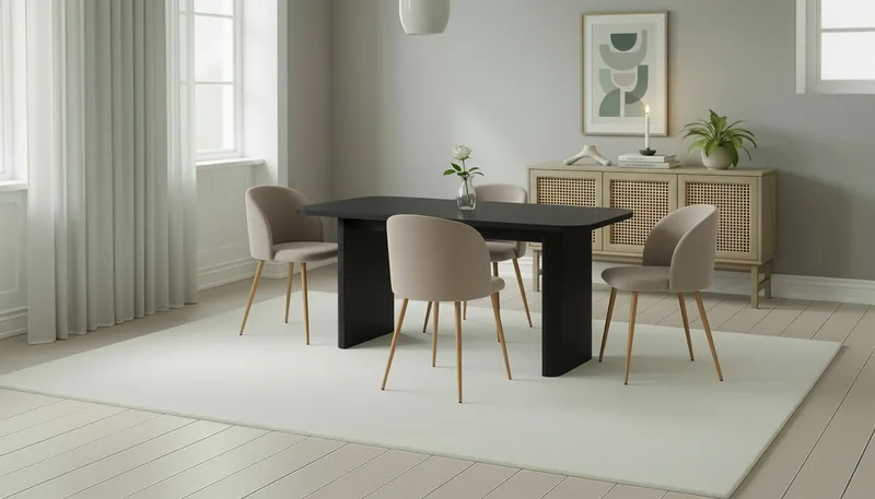 Kopparbo Spisebord 180-240 cm Uttrekkbart med 4 Greya Spisestoler med armlener - Svart / Greige Bouclé / Metallben Eik - Møbler - Bord - Spisegrupper