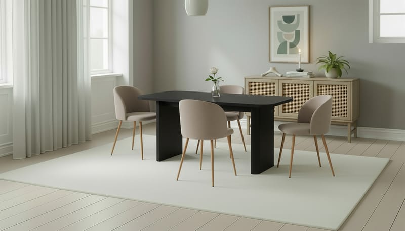 Kopparbo Spisebord 180-240 cm Uttrekkbart med 4 Greya Spisestoler med armlener - Svart / Greige Bouclé / Metallben Eik - Møbler - Bord - Spisegrupper