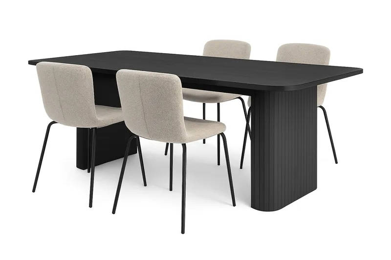 Kopparbo Spisebord 180-240 cm Uttrekkbart med 4 Katy Spisestoler, Svart / Greige Bouclé / Metallben Svart